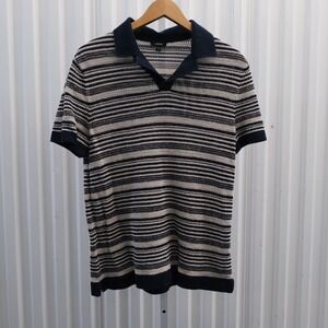 Express Polo Shirt Mens Medium Navy Blue Cotton Linen Striped Crochet